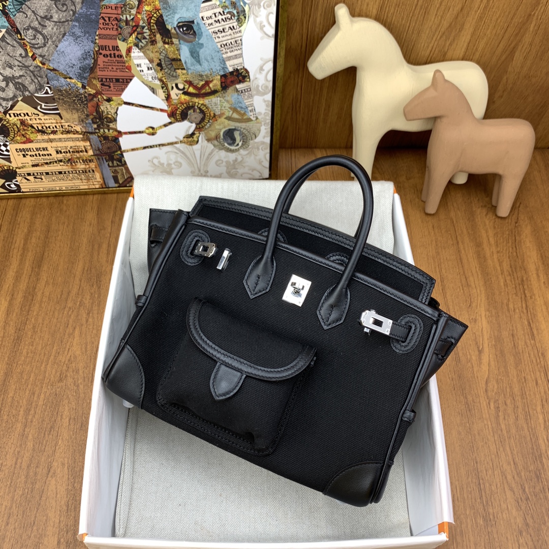 Hermes Cargo Birkin 25CM Limited Edition Canvas Handbag Black 